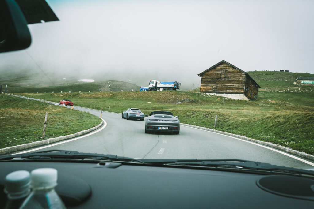 Porsches driving on the Grossglockner in the Alps of Austria