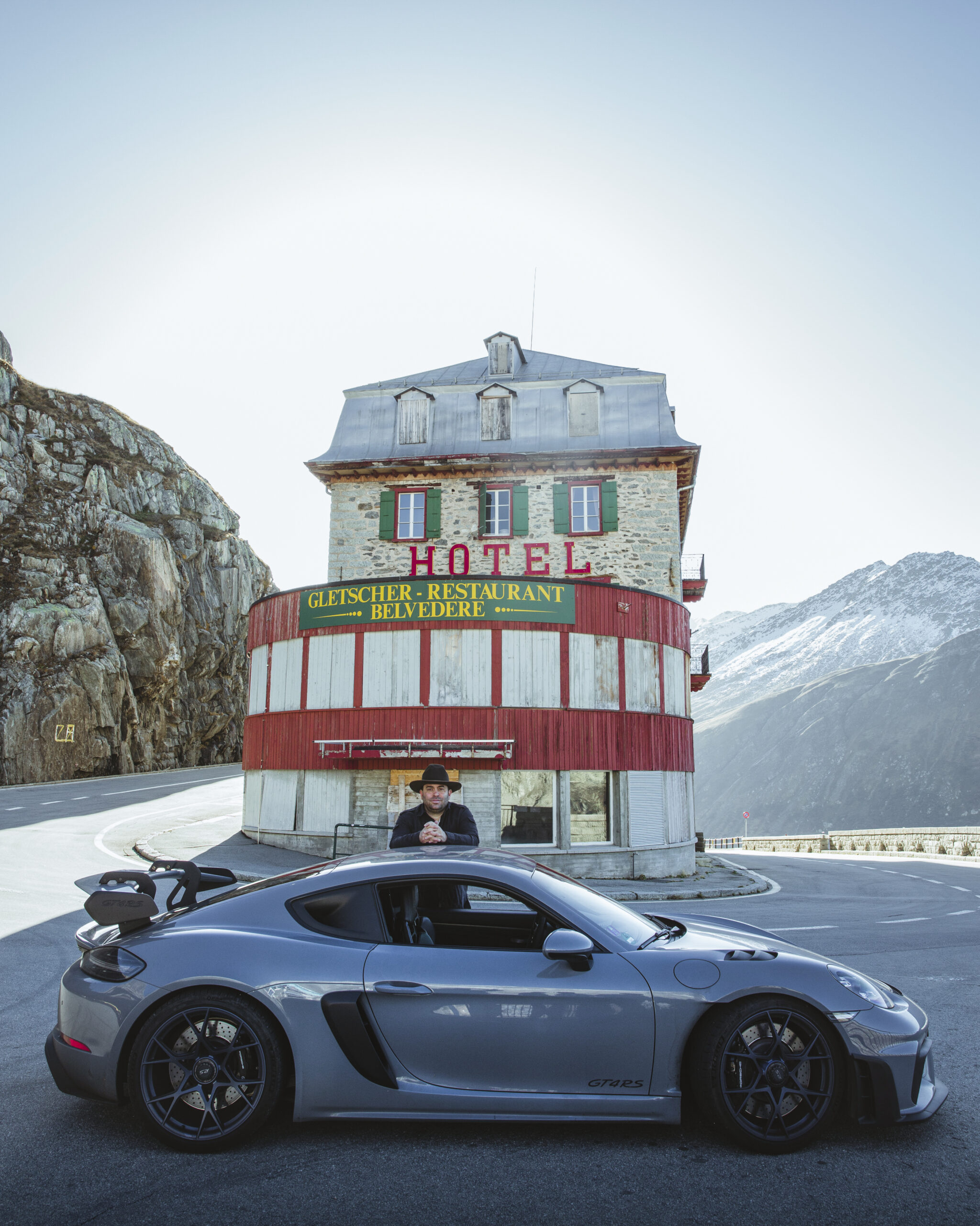 Porsche GT4 RS parked at the Hotel Belvedere in the Furka Pass in Switzerland